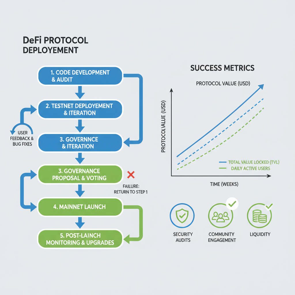 DeFi protocol deployment flowchart from testnet to mainnet, success metrics graph