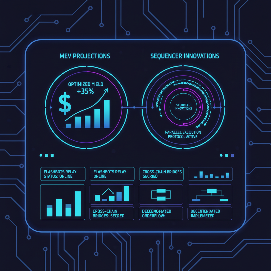futuristic dashboard showing MEV projections and sequencer innovations graphs, cyberpunk style, neon blues
