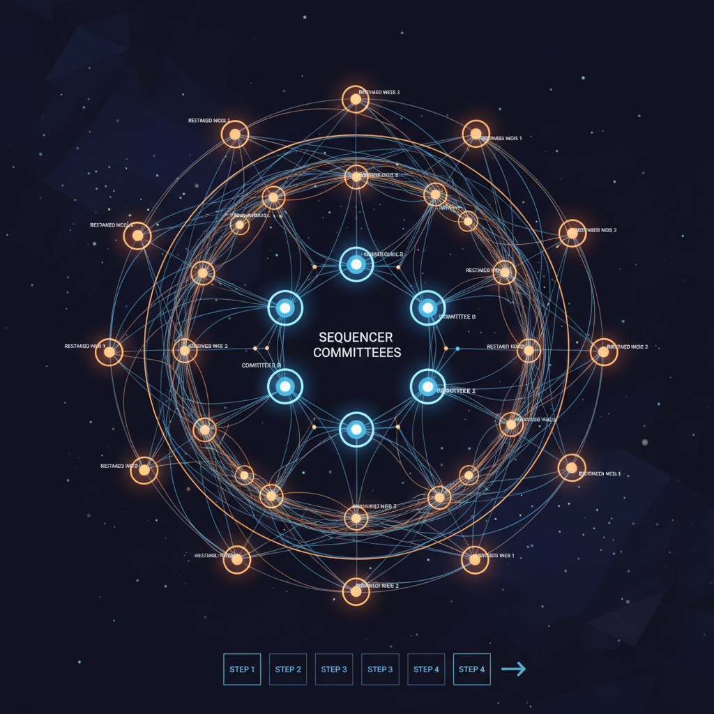 network graph of sequencer committees and restaked nodes, glowing connections, sci-fi aesthetic
