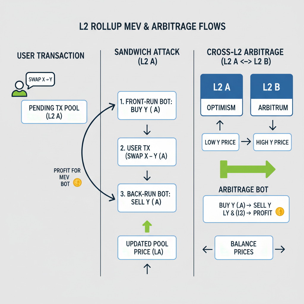 diagram of sandwich MEV attack and arbitrage flows between Ethereum L2 rollups, clean infographic style
