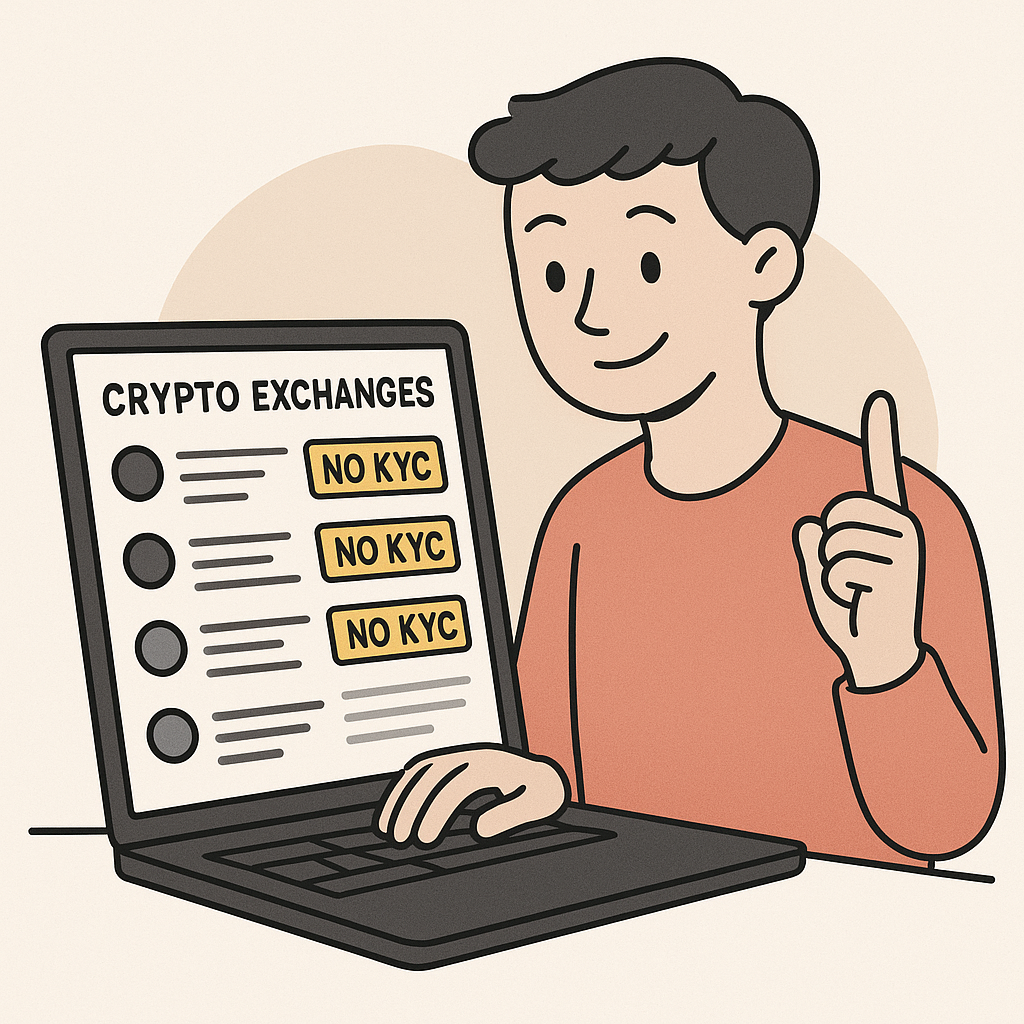 A friendly person browsing a list of crypto exchanges on a laptop, highlighting 'No KYC' options, in a modern, clean style