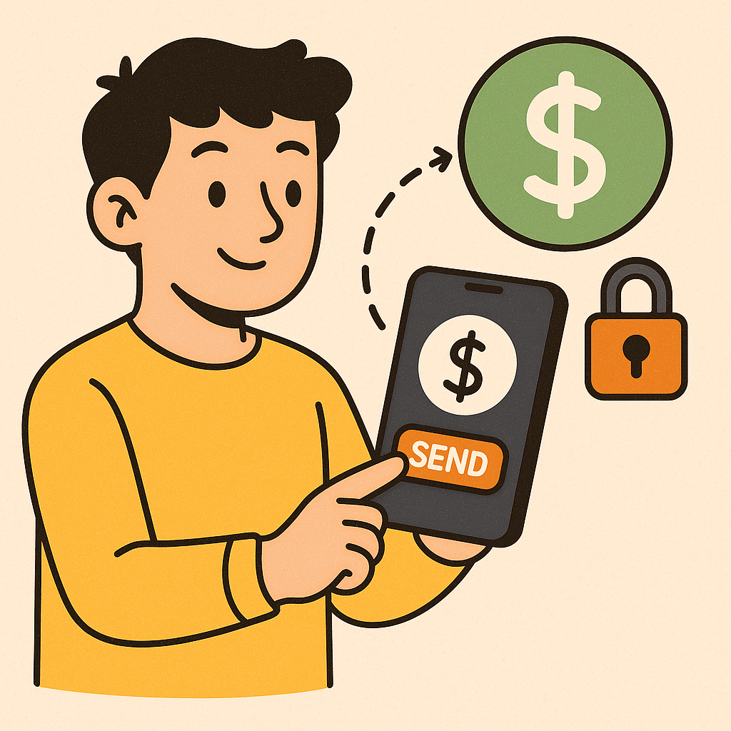 A person sending money via a mobile banking app, with a padlock symbol for security, in a friendly cartoon style