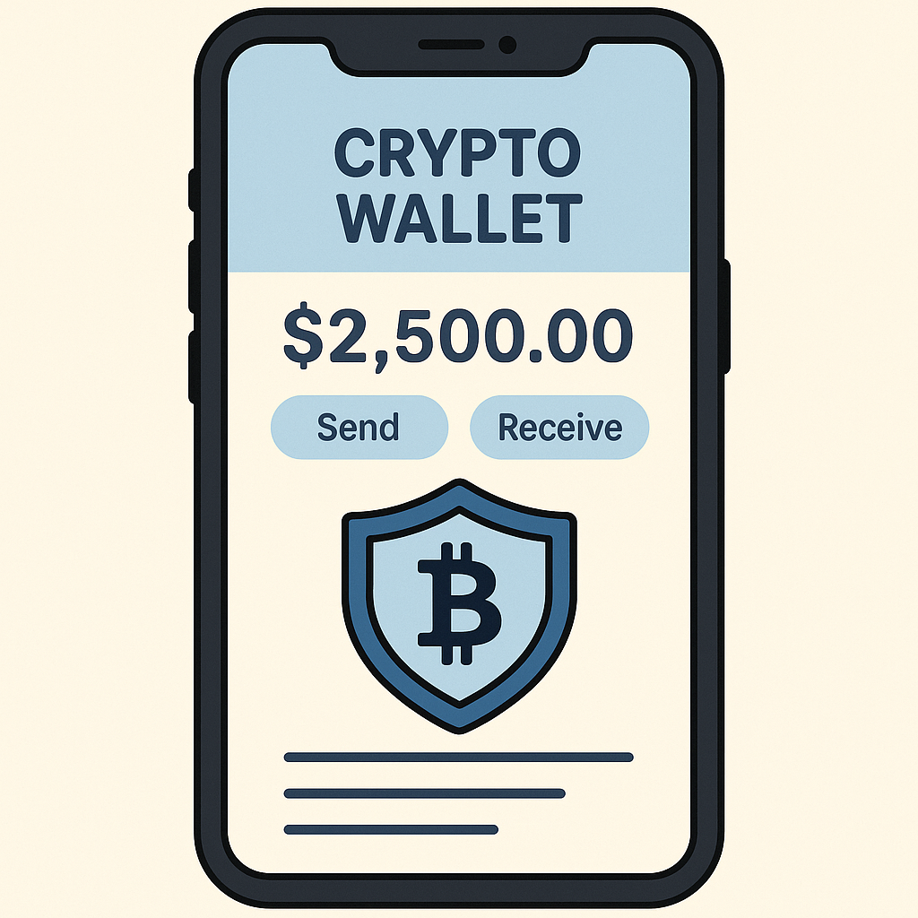 A smartphone displaying a crypto wallet app with a shield icon, representing security and privacy, in a simple, approachable style