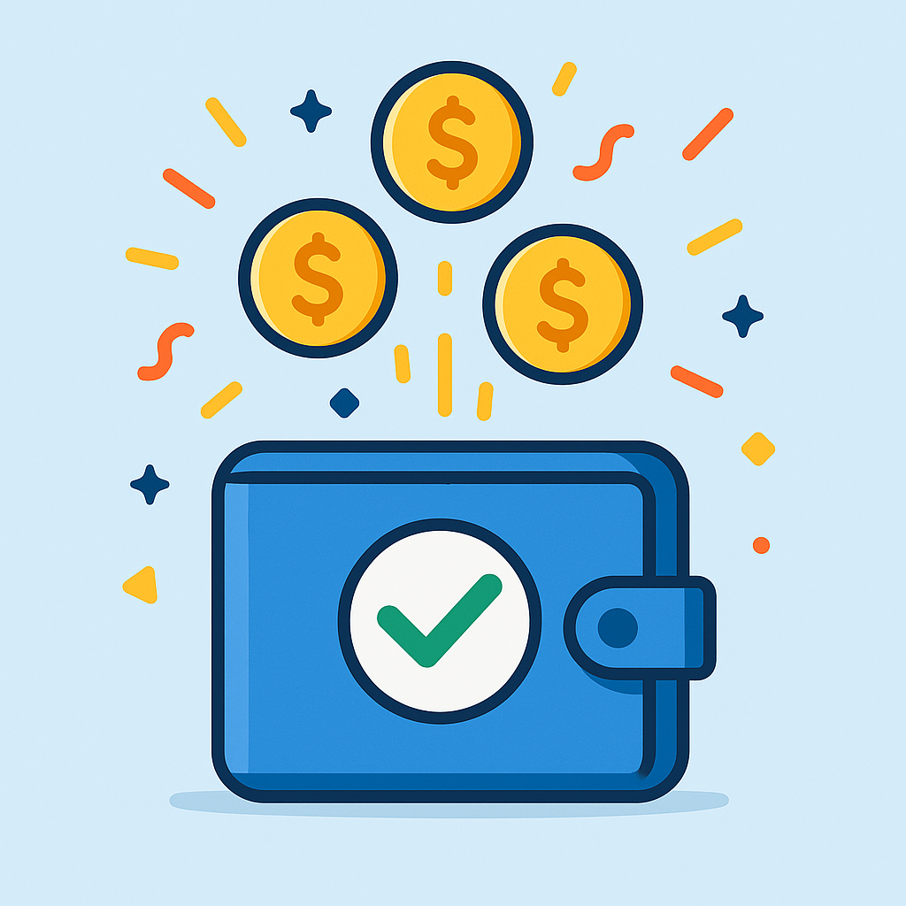 A digital wallet receiving coins with a checkmark, confetti in the background to celebrate successful transfer, cheerful and clear