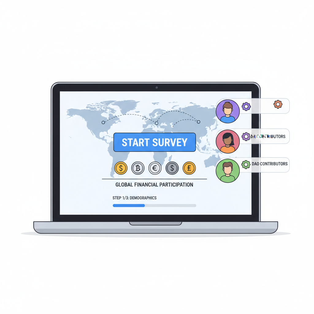 professional illustration of a digital survey on laptop with world map, currency icons, and DAO contributors
