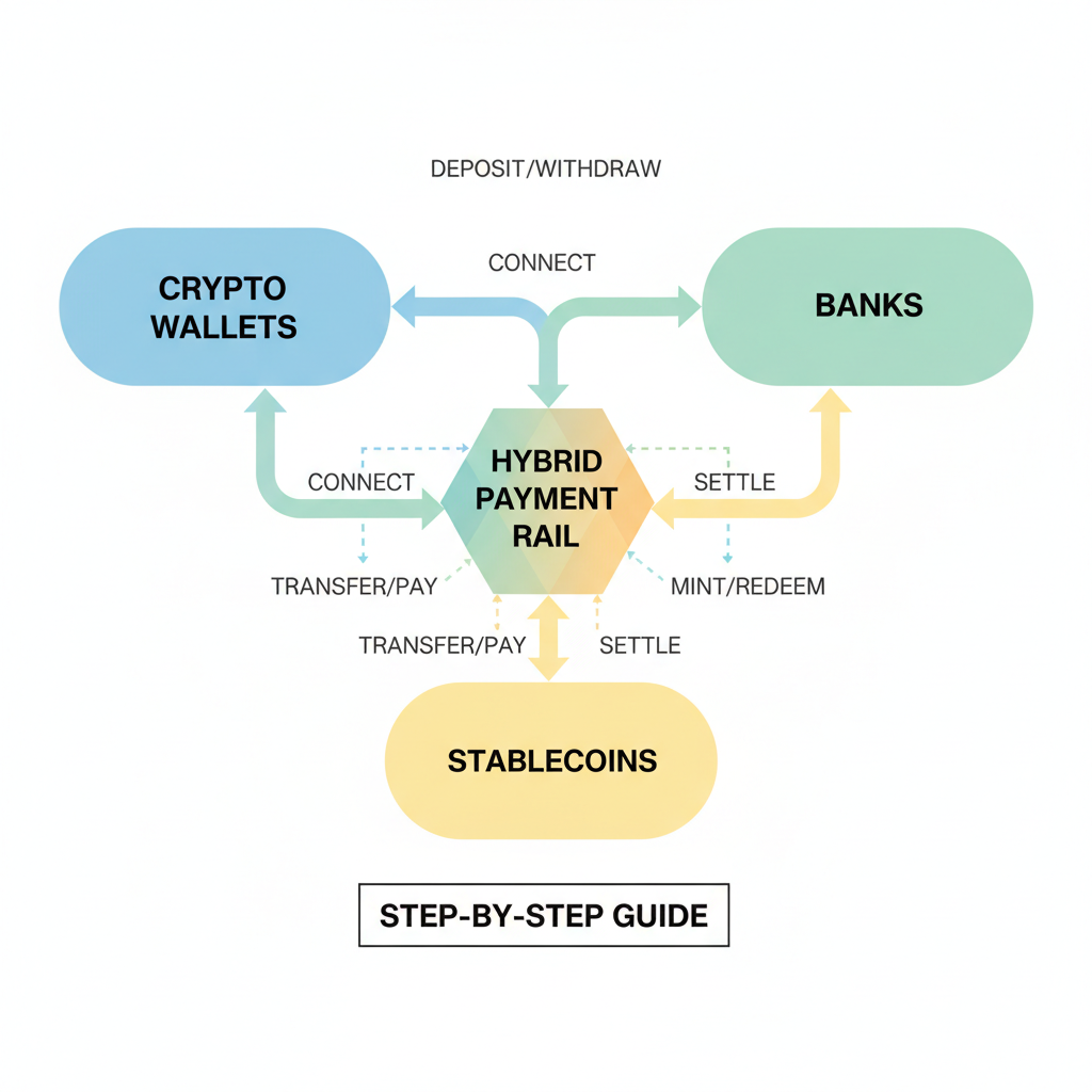 abstract diagram of hybrid payment rails connecting crypto wallets, banks, and stablecoins on a flowchart