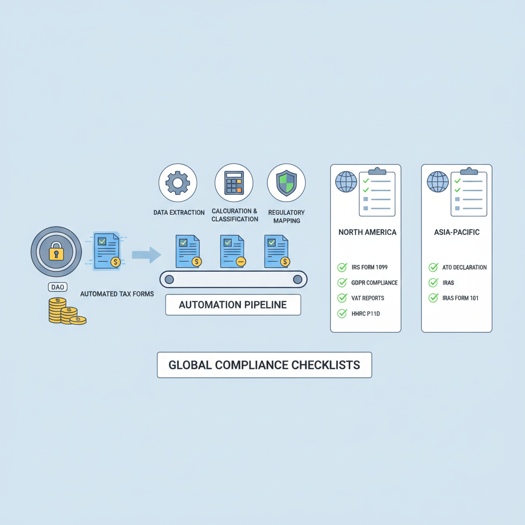 infographic of automated tax forms flowing from DAO treasury to global compliance checklists