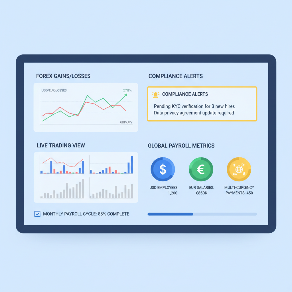 dashboard screenshot showing forex charts, compliance alerts, and multi-currency payroll metrics