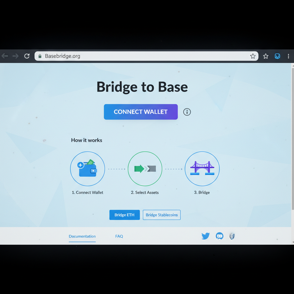 realistic screenshot of Base bridge.org homepage, prominent connect wallet button, clean UI