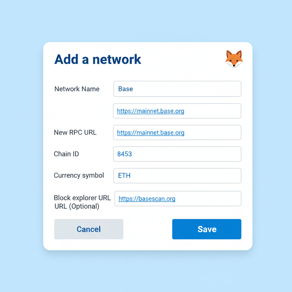 MetaMask add custom network form filled with Base details