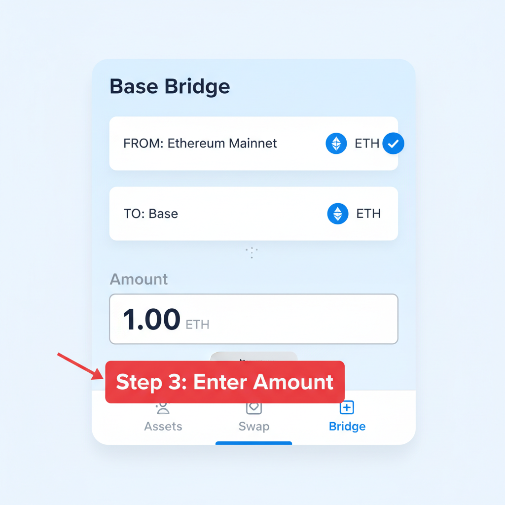 screenshot Base bridge ETH asset selected amount input field filled