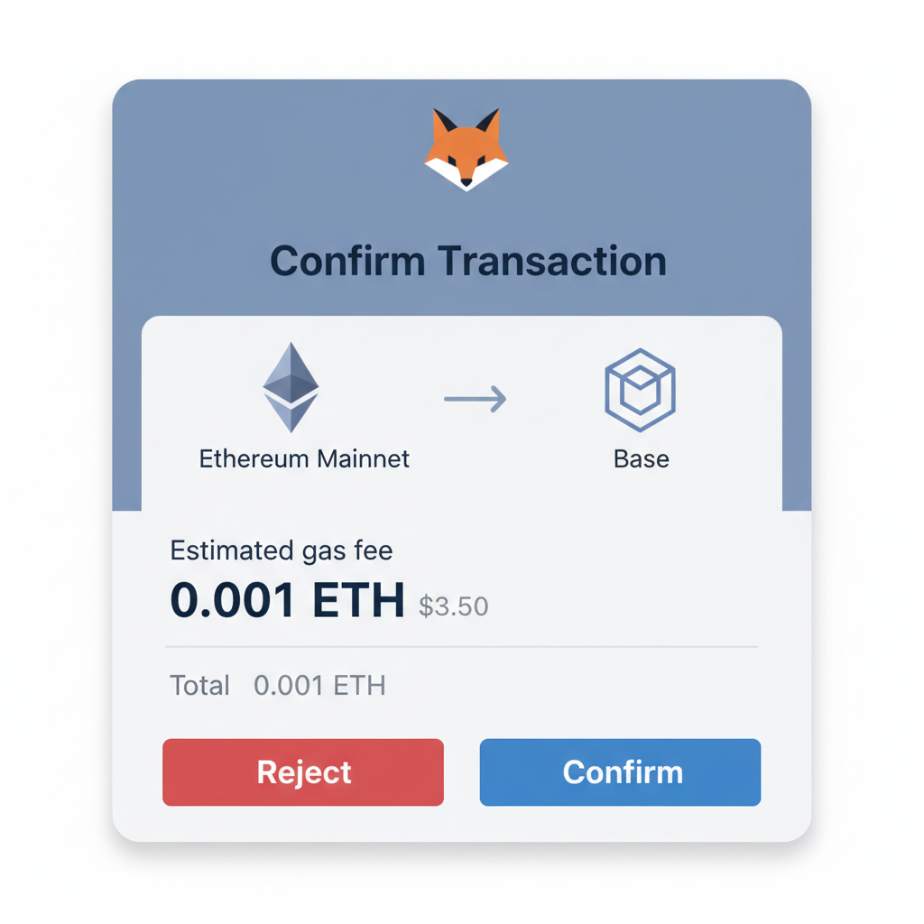 screenshot MetaMask popup confirming Base bridge tx gas fee display