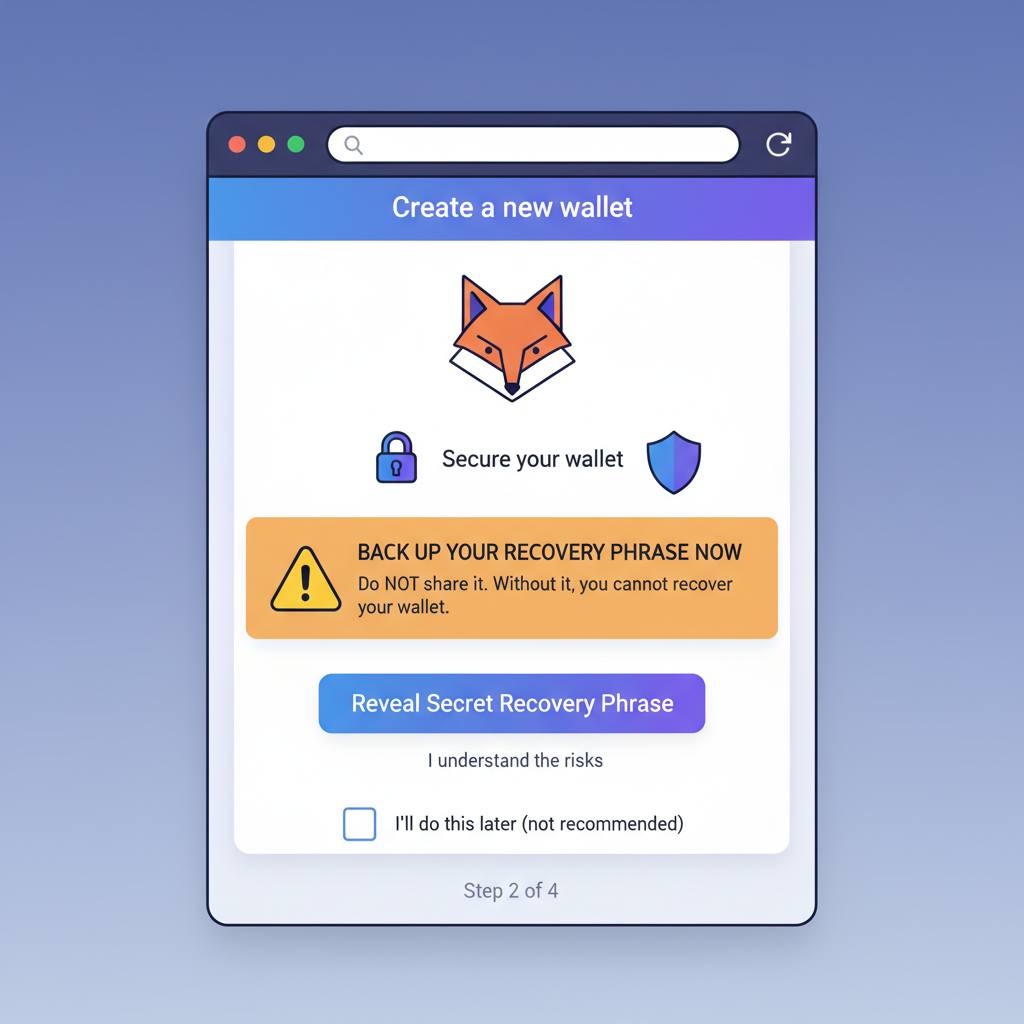 MetaMask wallet creation screen with recovery phrase backup warning