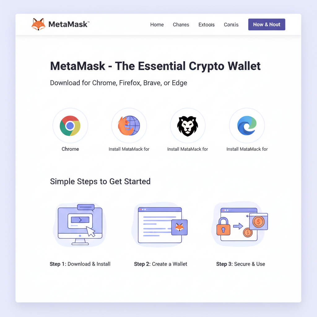 MetaMask official download page, browser extension icons, clean professional UI