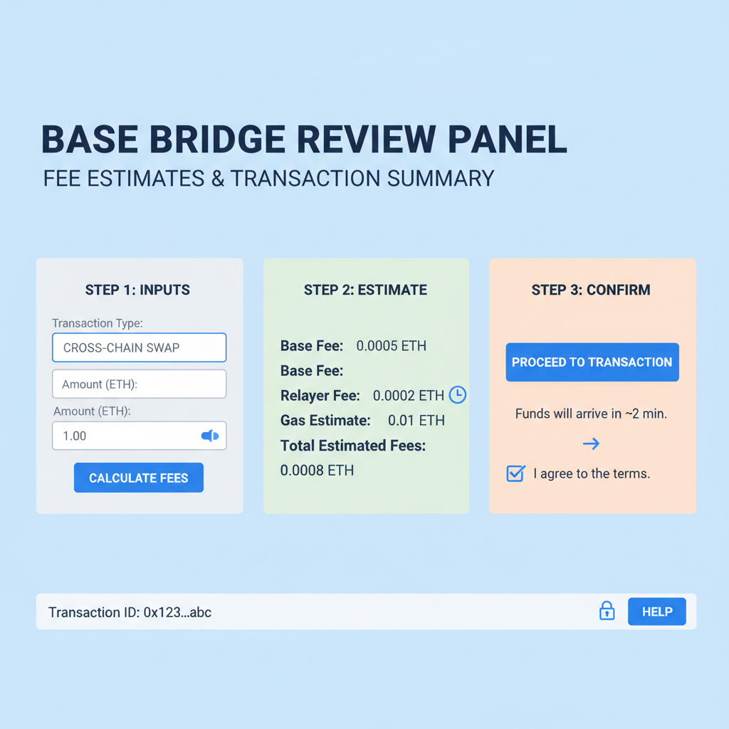 screenshot Base bridge review panel fee estimates transaction summary
