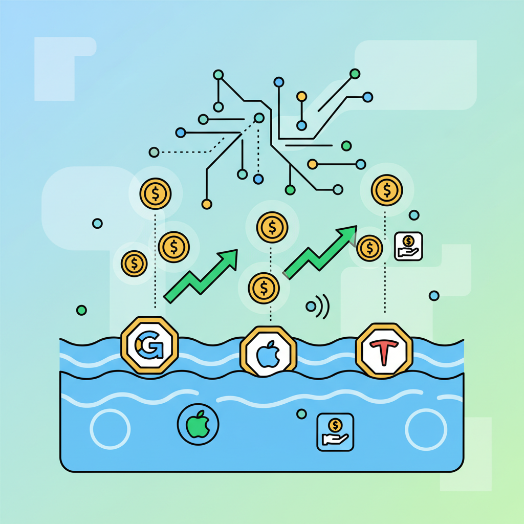 tokenized stocks in pool emitting golden yield coins, rising stock charts and dividend icons, dynamic DeFi visualization