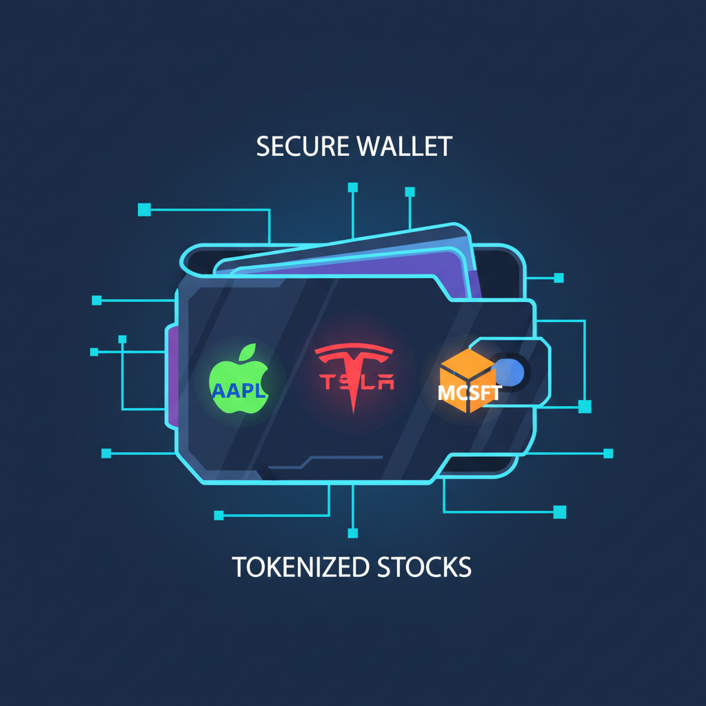 secure crypto wallet holding glowing tokenized stock icons TSLA AAPL MSFT, futuristic neon style, Base chain background