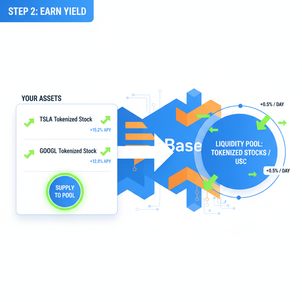 DeFi user interface supplying tokenized stocks to liquidity pool, green yield indicators, vibrant Base network graphics