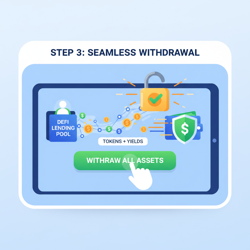 user seamlessly withdrawing assets from DeFi lending pool, flowing tokens and yields, secure unlocked padlock, fast motion