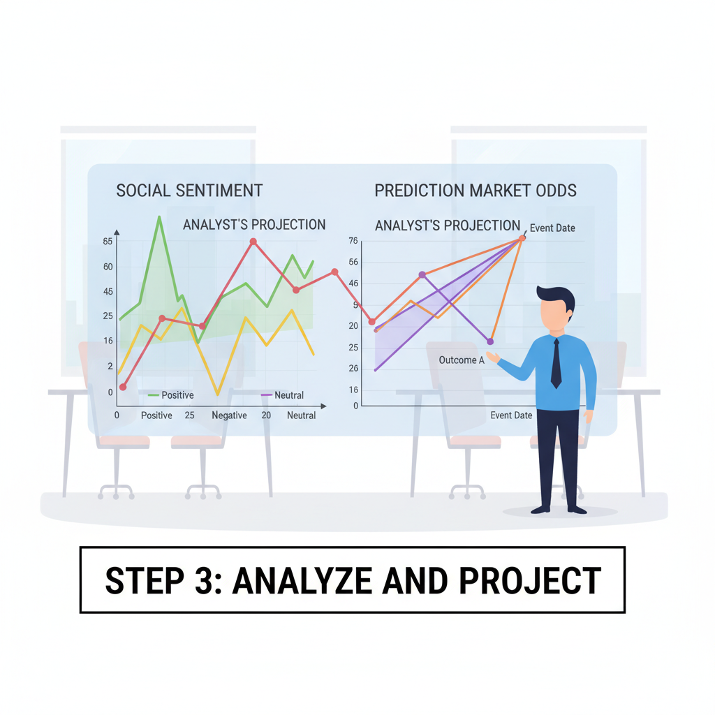 analyst overlaying social sentiment graphs on prediction market odds, data visualization