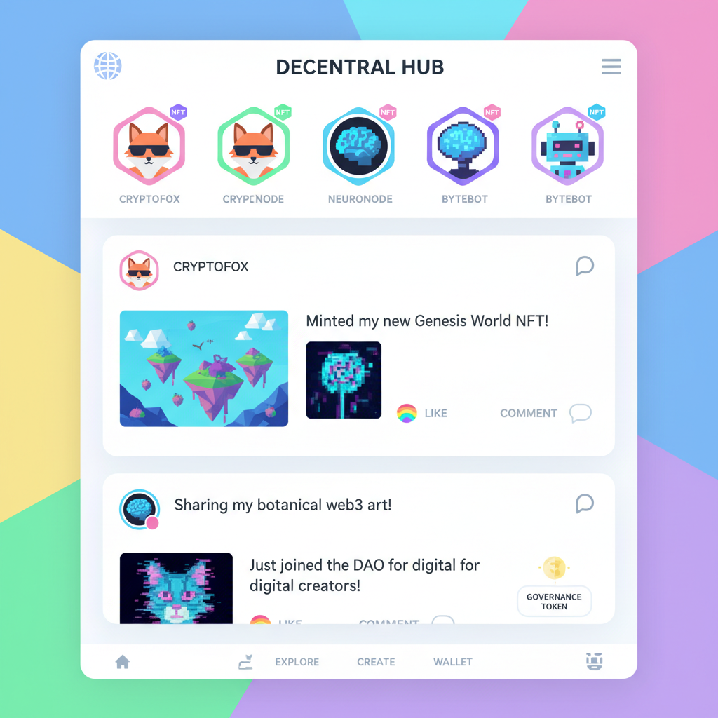 vibrant decentralized social network feed with NFT profiles and posts, web3 style
