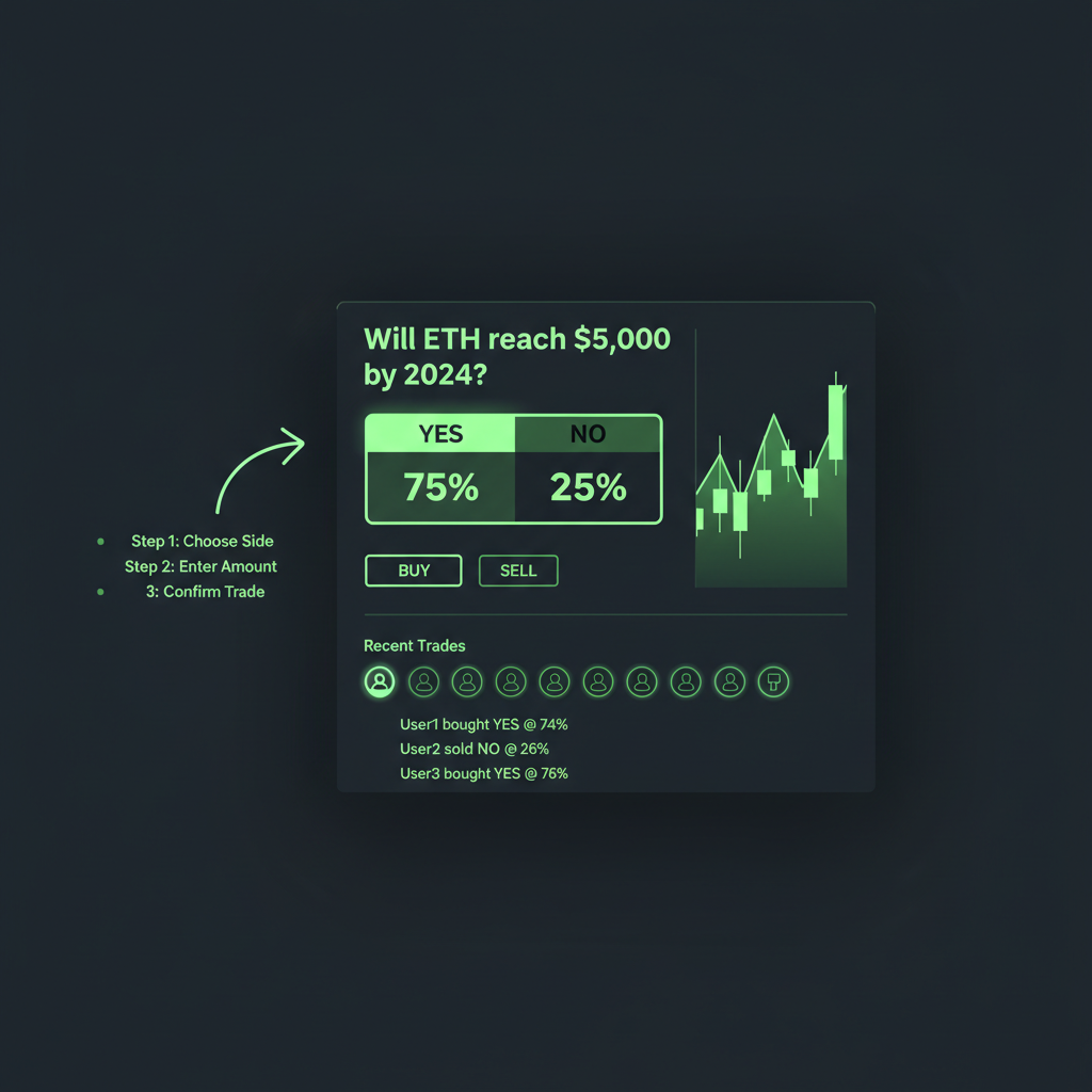 dynamic Polymarket interface showing prediction odds and trading charts, green neon
