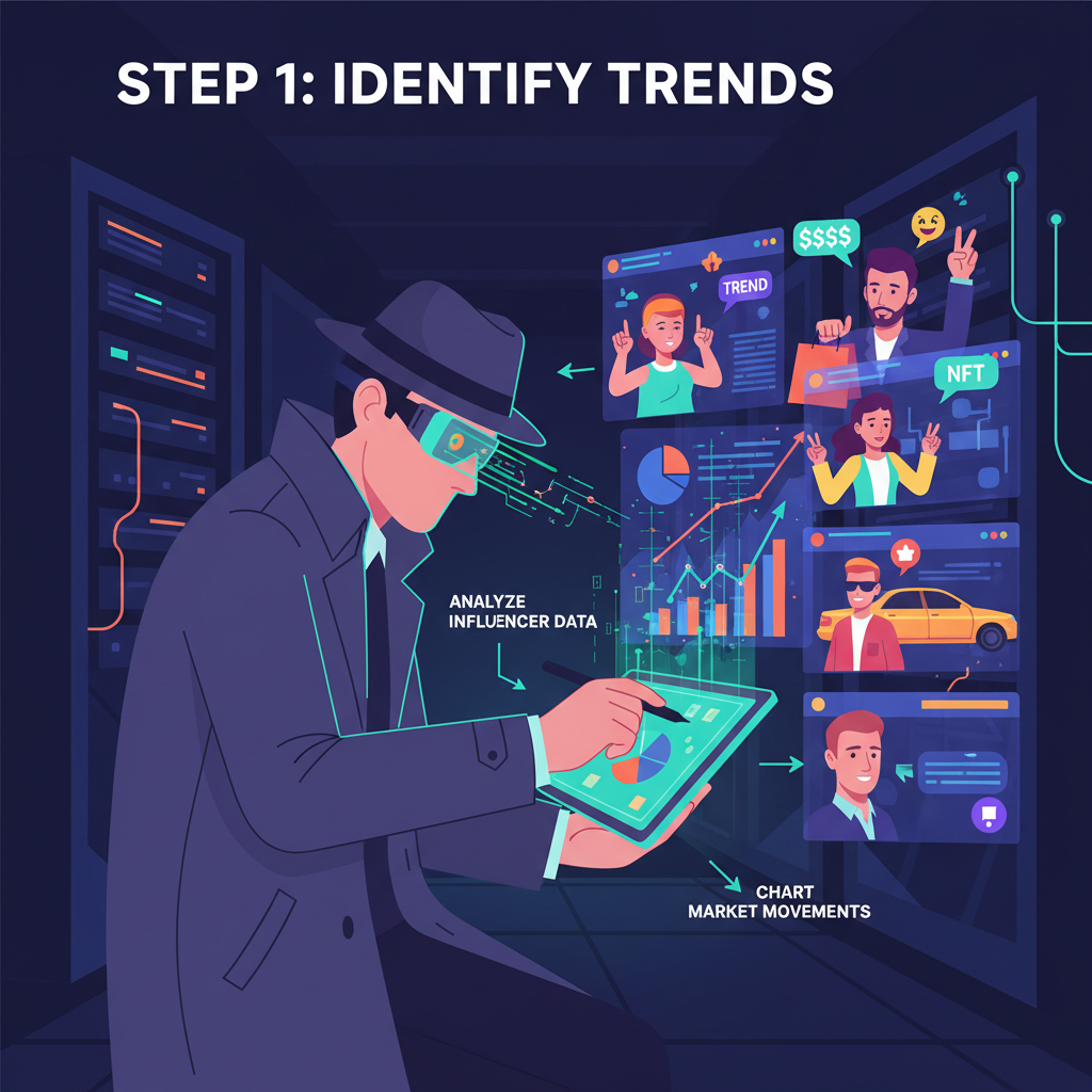 detective trader spying on social media influencers with charts, cyberpunk aesthetic