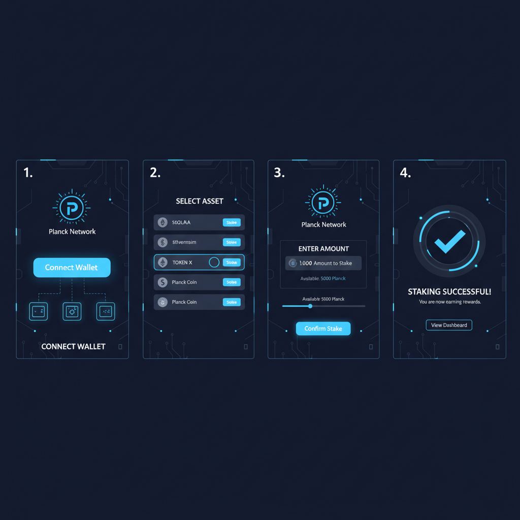 modern blockchain staking dashboard on dark theme, holographic displays, Planck Network logo