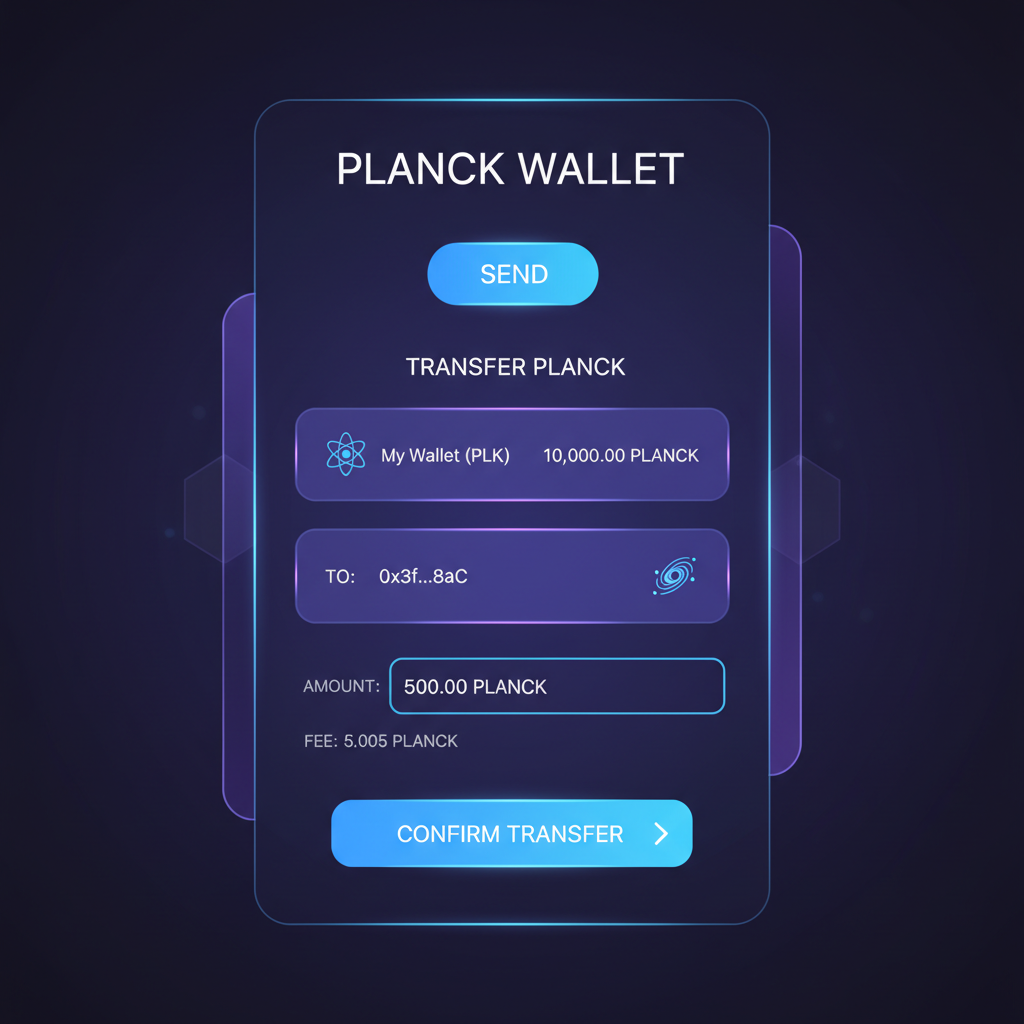 sleek crypto wallet interface showing PLANCK token transfer, neon blue tones, futuristic UI