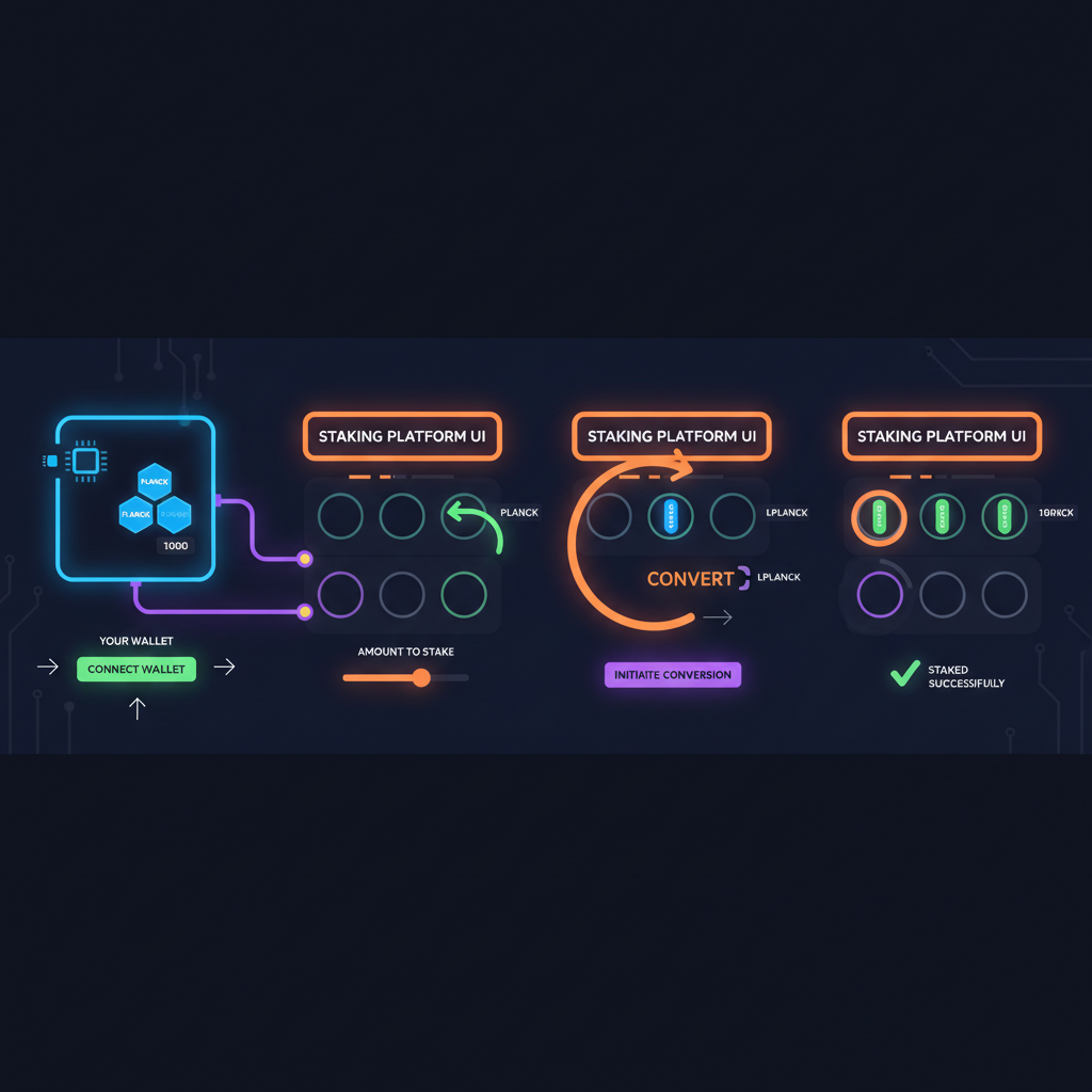wallet connection animation to staking UI, glowing PLANCK to LPLANCK conversion, cyberpunk style