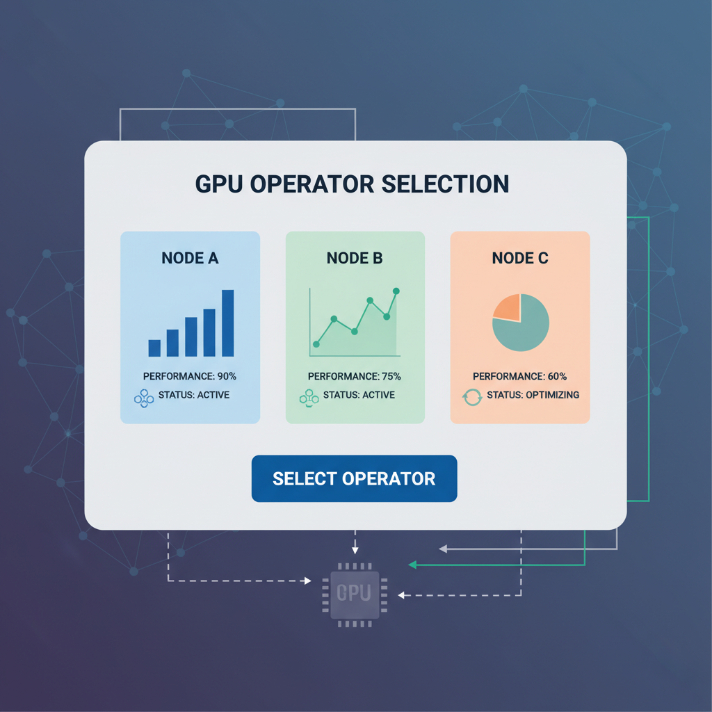 GPU operator selection panel with performance charts, decentralized AI nodes, high-tech graphics