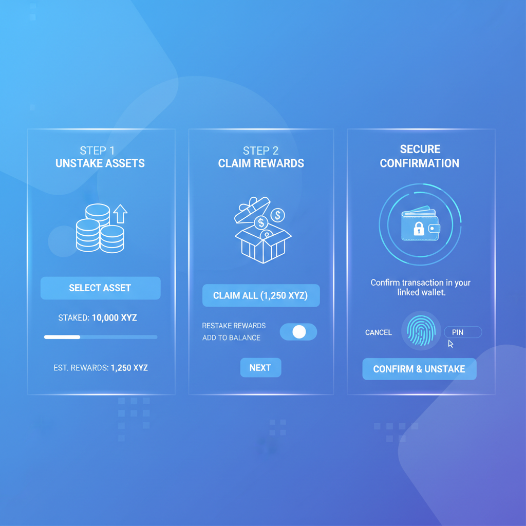 unstaking interface with reward redemption flow, secure wallet confirmation, blue holographic UI