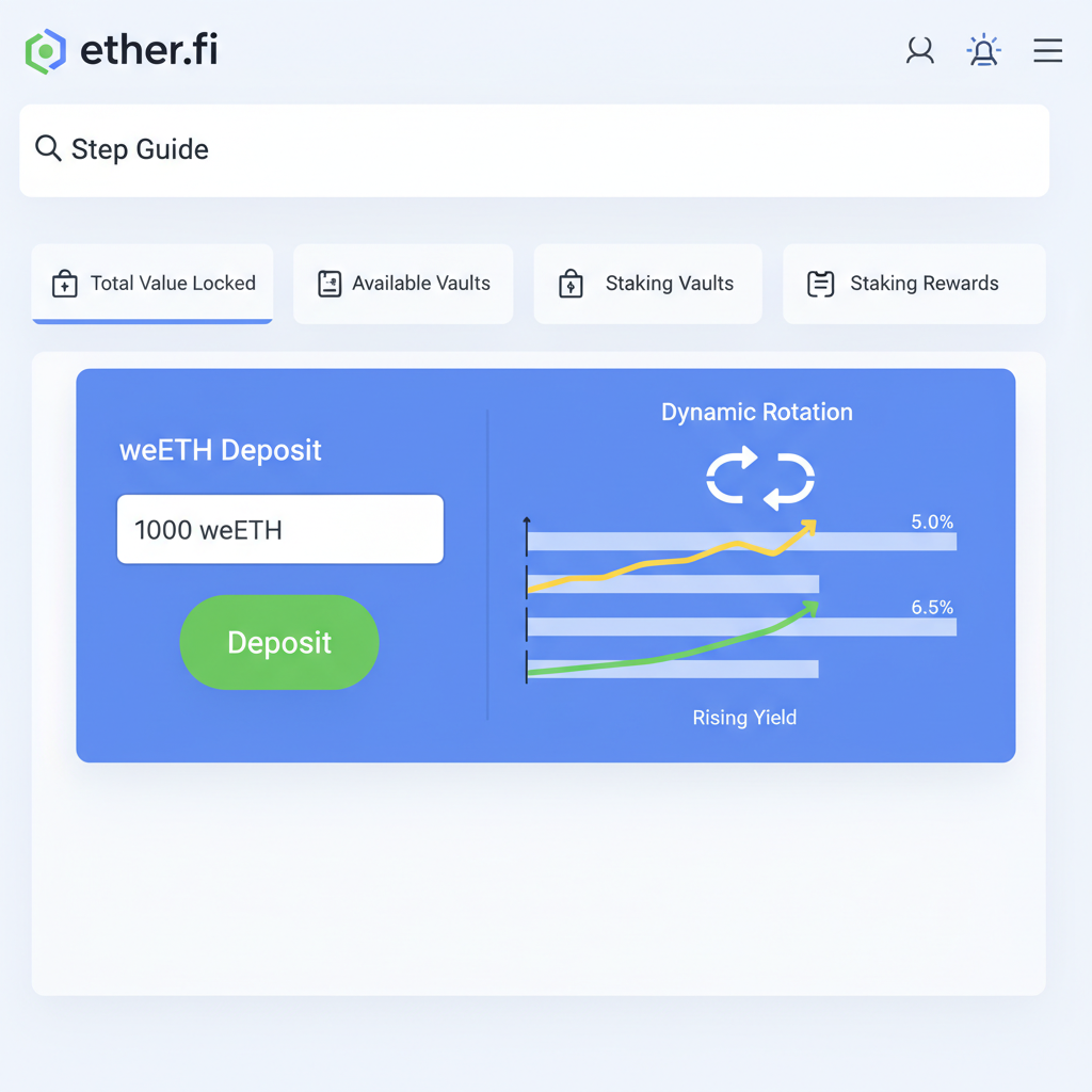 Ether.fi liquid vaults dashboard, weETH deposit, rising yield graphs, dynamic rotation arrows