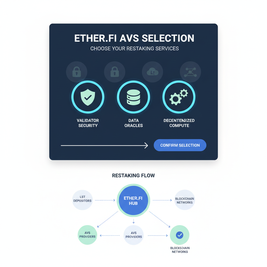 Ether.fi AVS selection interface, service icons highlighted, restaking network diagram