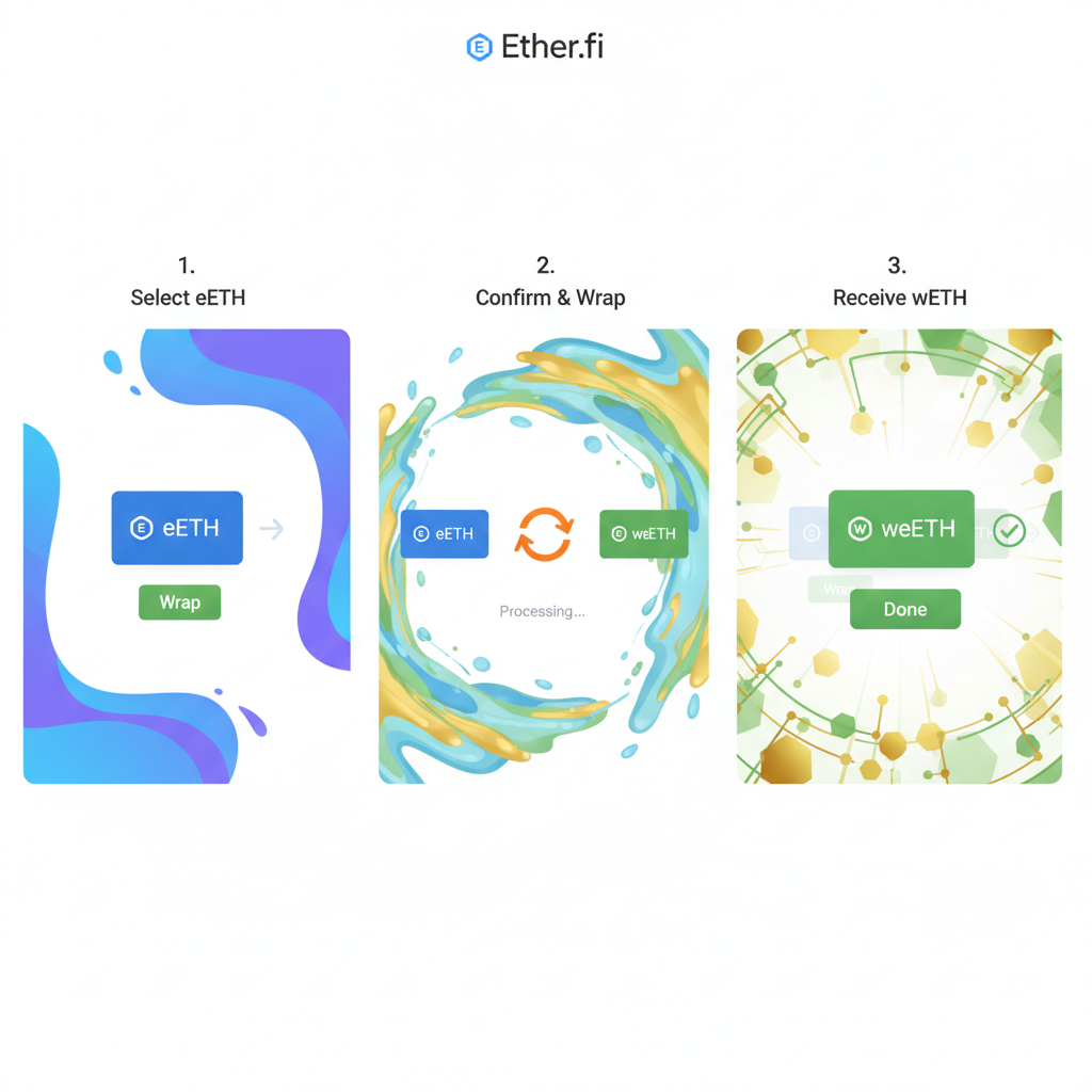 eETH wrapping to weETH on Ether.fi interface, smooth token transformation flow, vibrant liquidity visuals