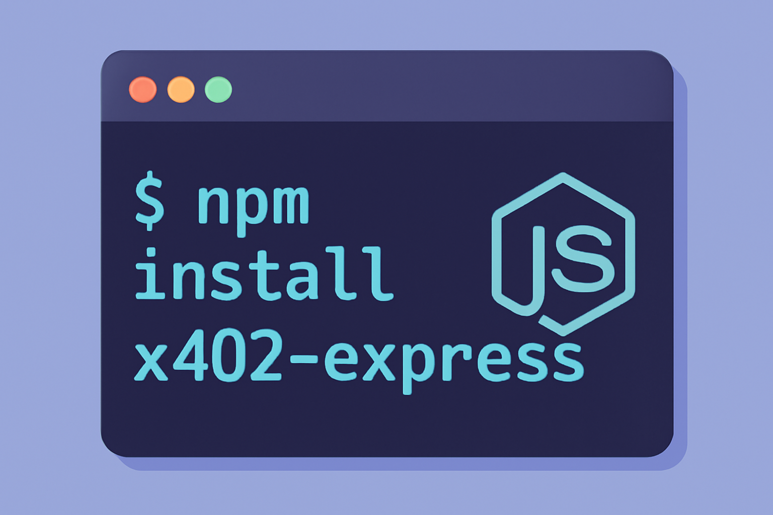 Terminal window displaying the command 'npm install x402-express', with stylized code and Node.js logo