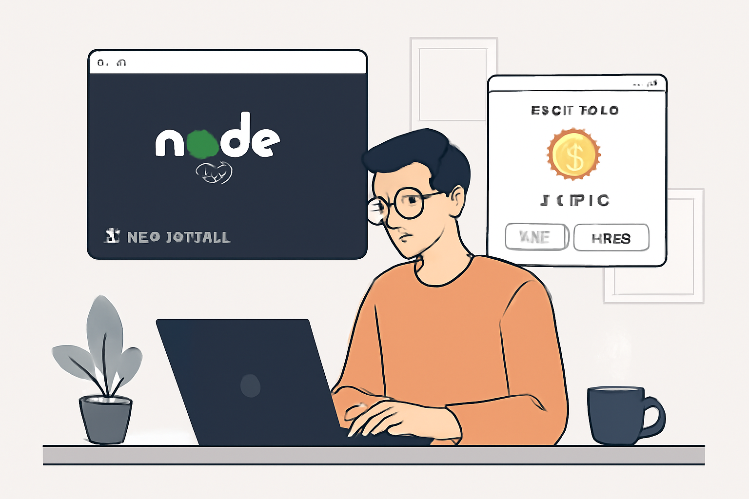 A developer setting up a Node.js environment on a laptop, with a crypto wallet interface open, modern and clean workspace