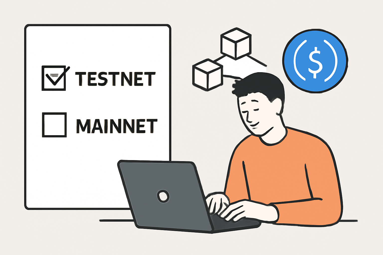 A checklist with testnet and mainnet options, and a developer deploying code, with blockchain and USDC icons