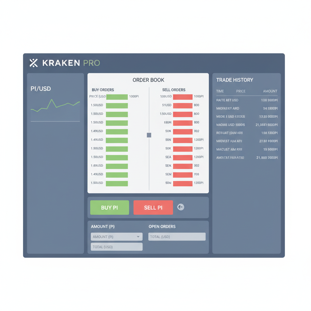 Kraken Pro trading dashboard with PI/USD pair order book