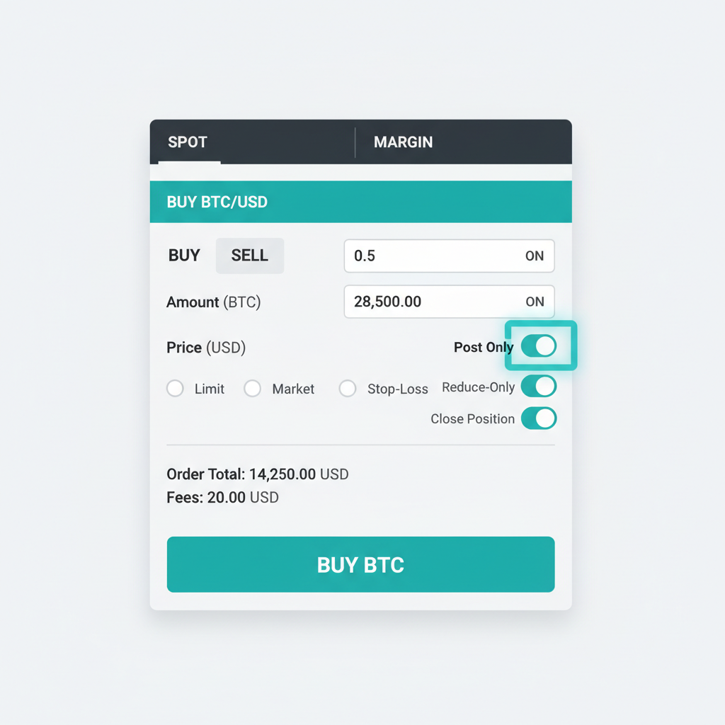 Kraken Pro order form with post-only toggle highlighted