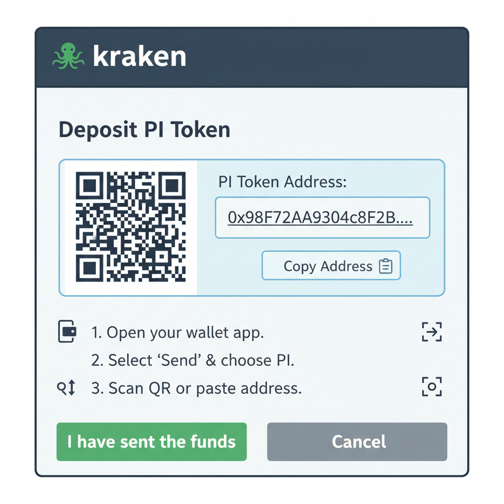 Kraken funding deposit interface showing PI token address