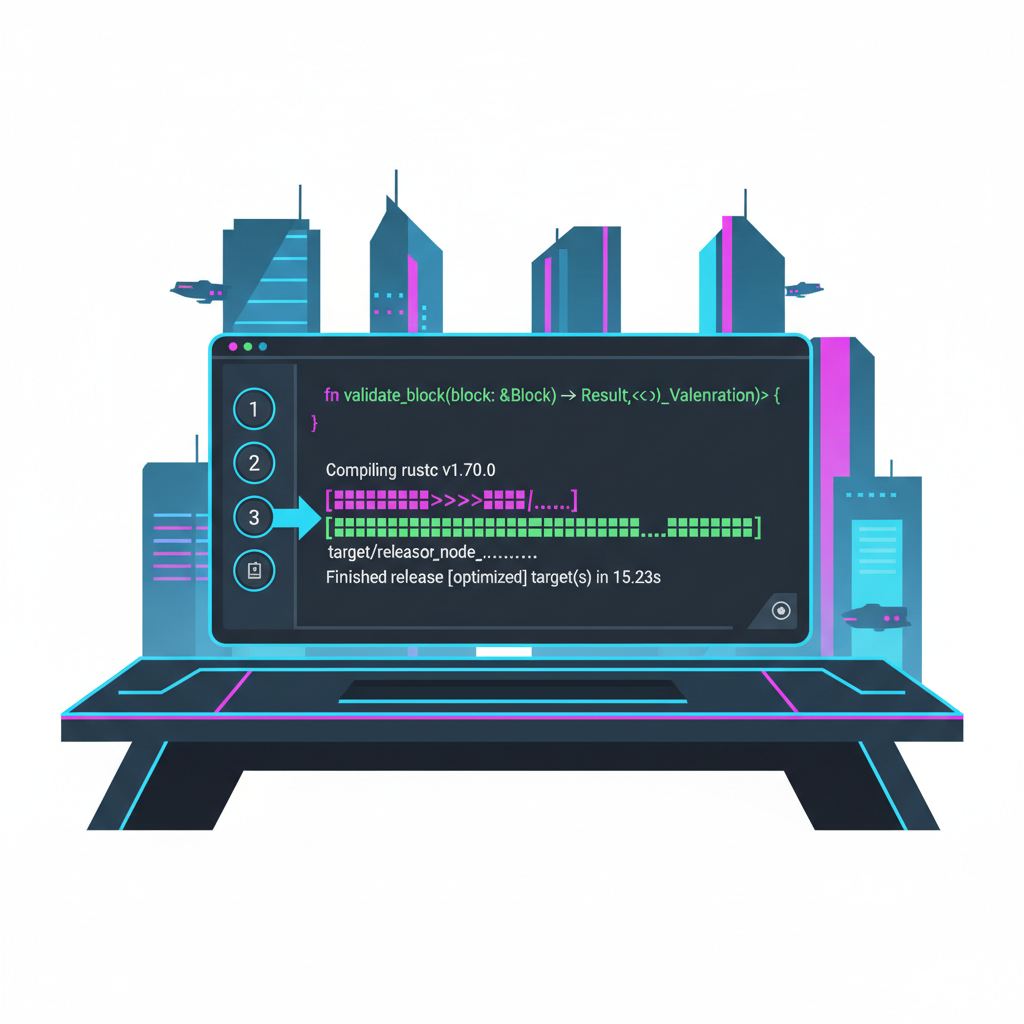terminal compiling rust code for blockchain validator, futuristic UI, cyberpunk style