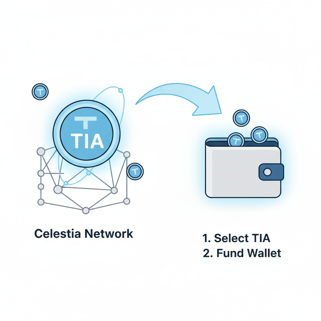 wallet funding with cryptocurrency tokens, Celestia blockchain network, glowing TIA coins