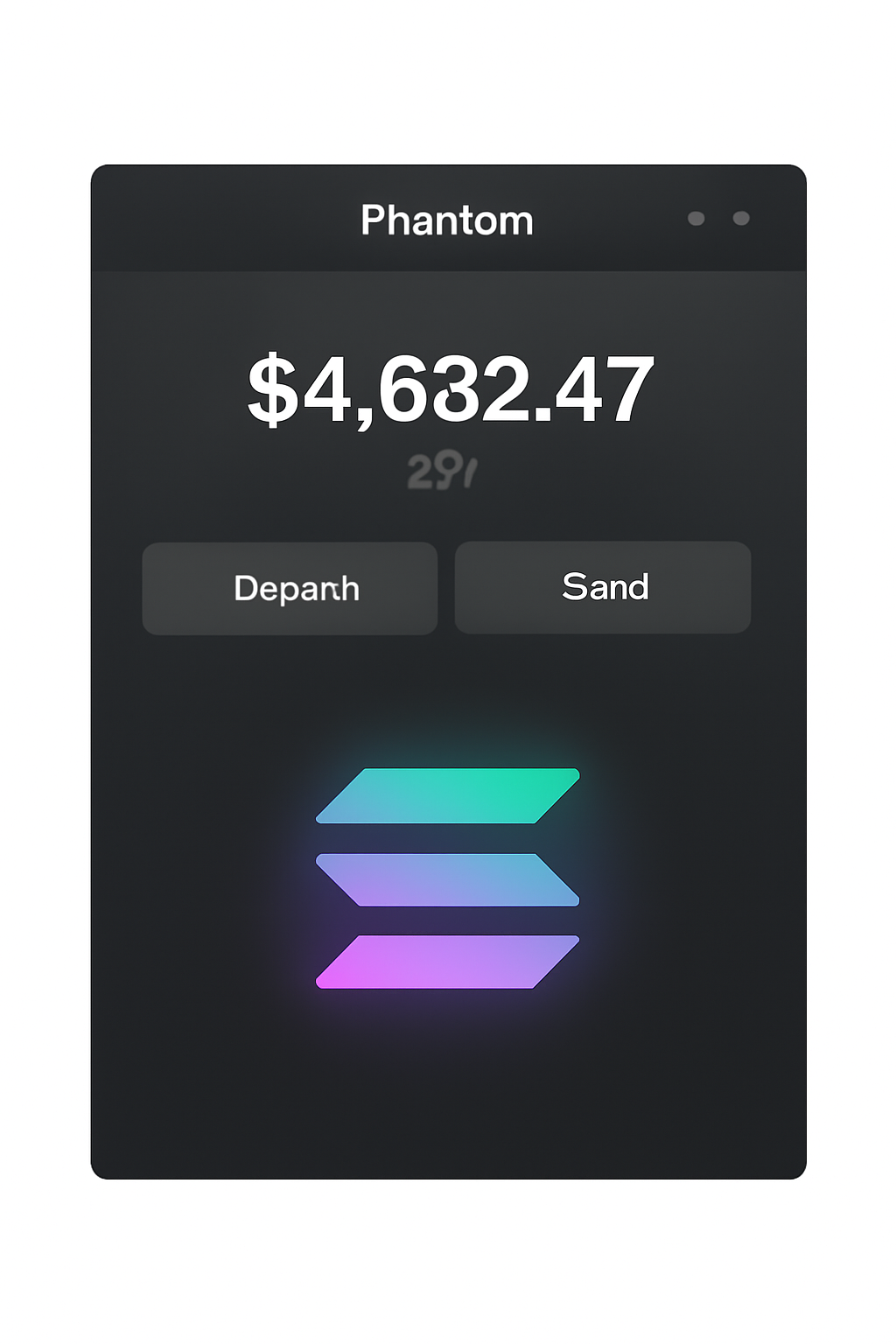 sleek phantom wallet interface on desktop with solana logo glowing