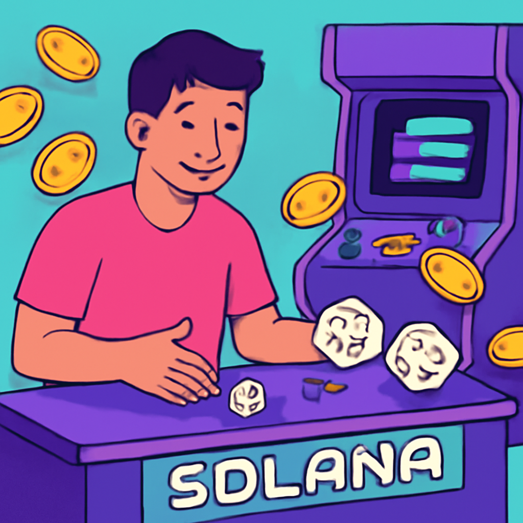 player rolling dice in vibrant solana arcade game, coins flying out