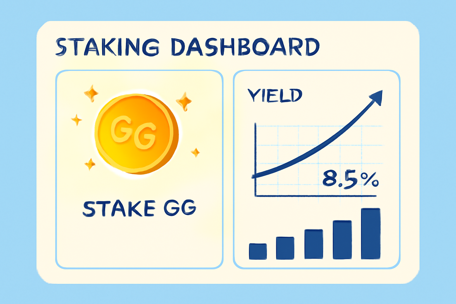 staking dashboard with gg tokens glowing, yield percentage chart rising