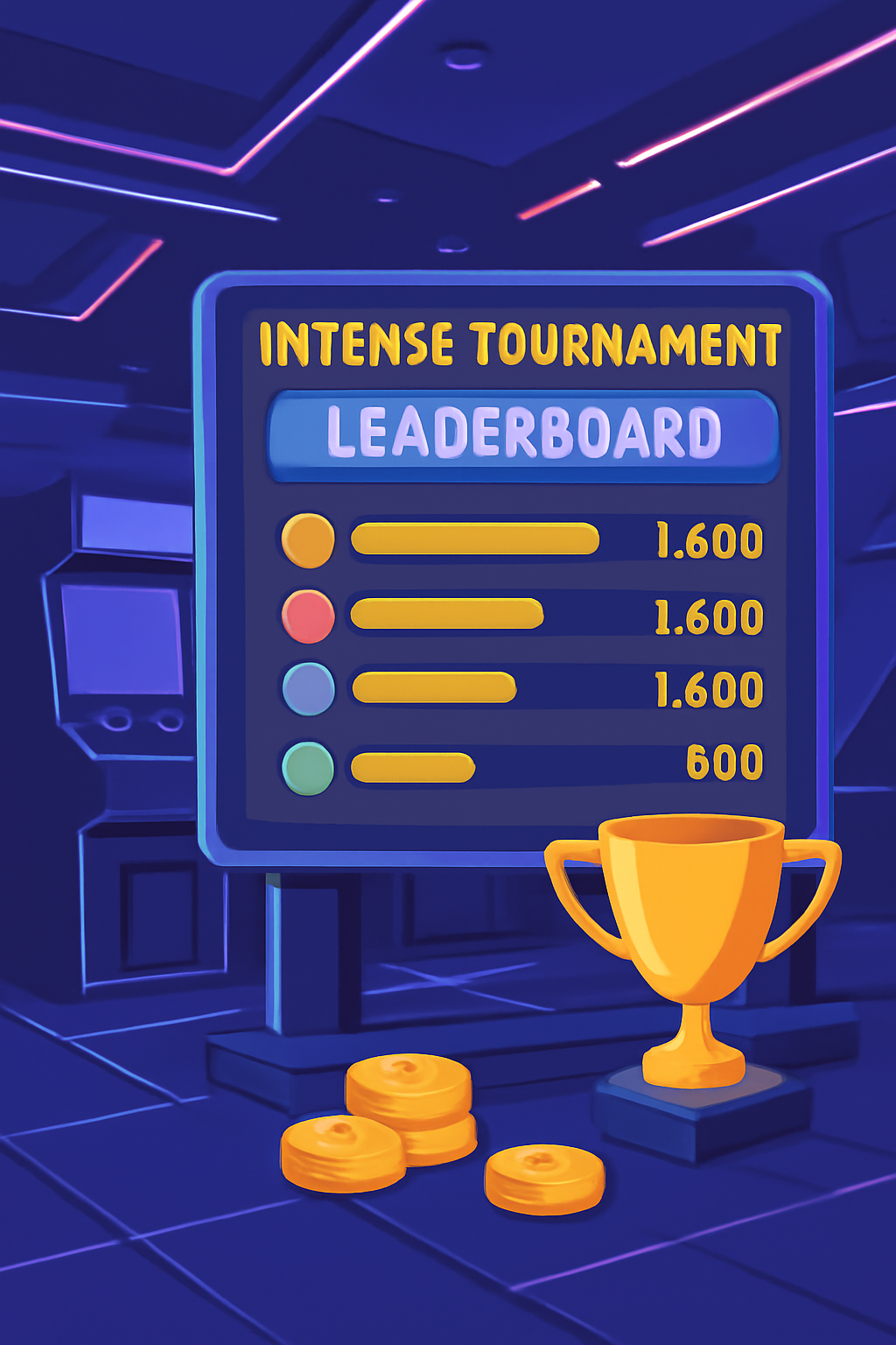 intense tournament leaderboard in futuristic arcade, trophy and tokens