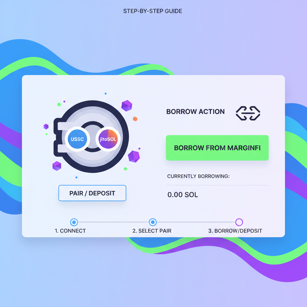 Kamino LP vault UI with USDC and jitoSOL pairing, borrow action from Marginfi, vibrant Solana graphics