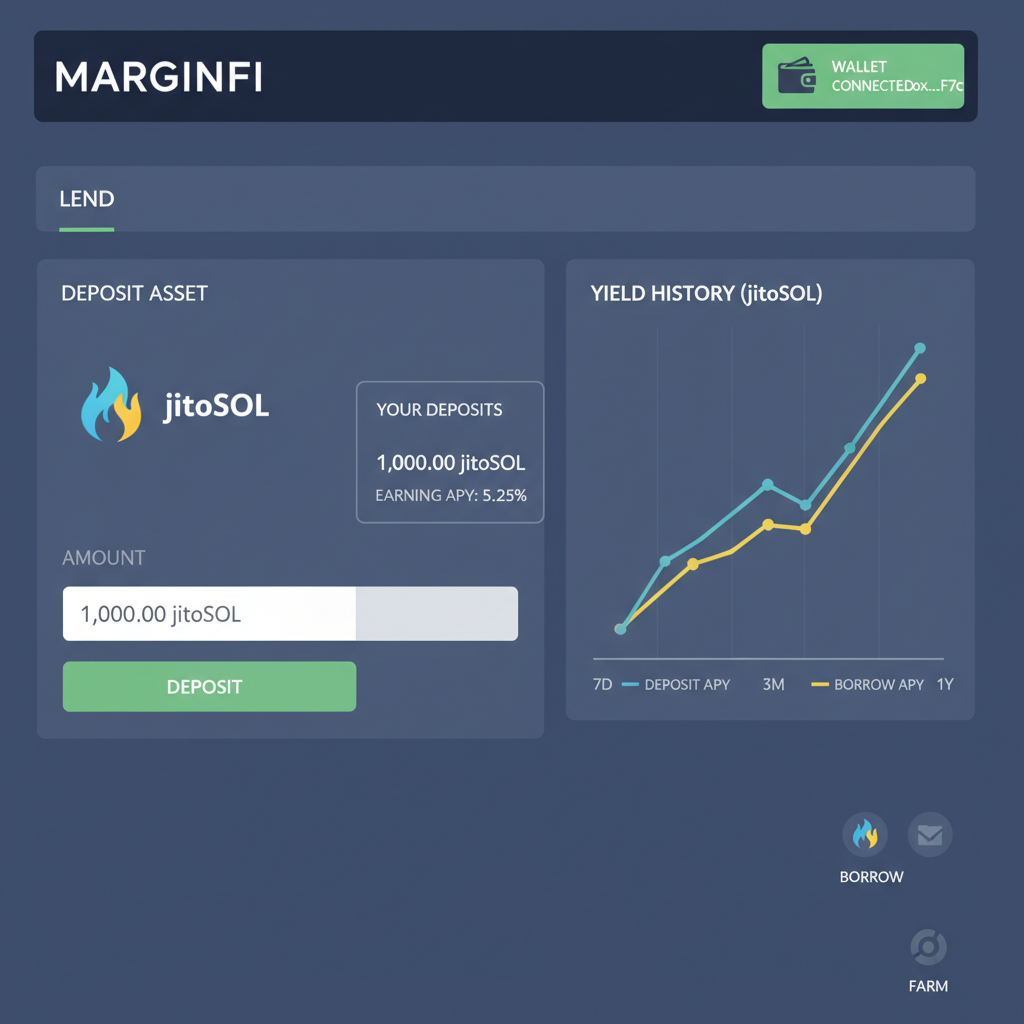 Marginfi lending interface showing jitoSOL deposit, wallet connected, yield charts, modern DeFi design