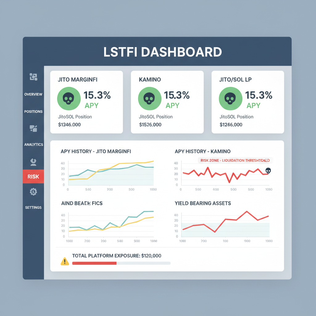 Lstfi dashboard monitoring jitoSOL positions across Jito Marginfi Kamino, APY charts risks highlighted